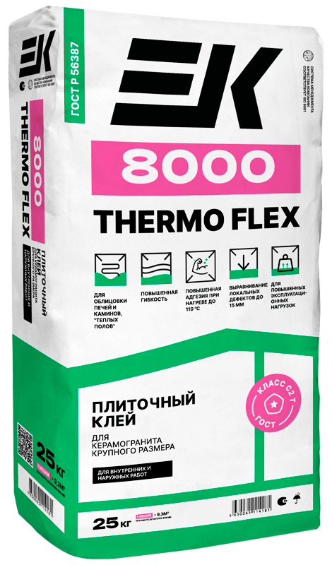 картинка Плиточный клей для керамогранита крупного размера ЕК 8000 THERMO FLEX (C2 T) от базы строительно-отделочных материалов